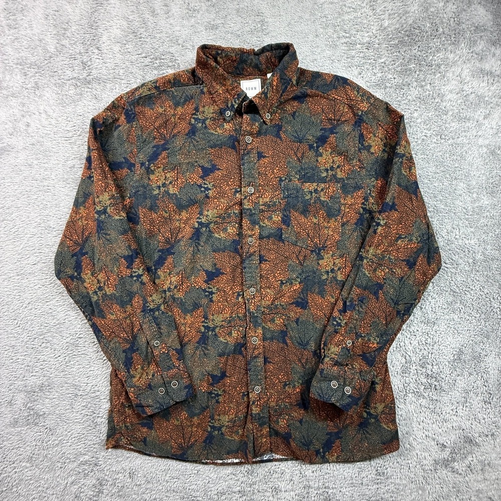 ROWM Mens L Corduroy Button Down Shirt Fall Leaves Print Autumn Colors